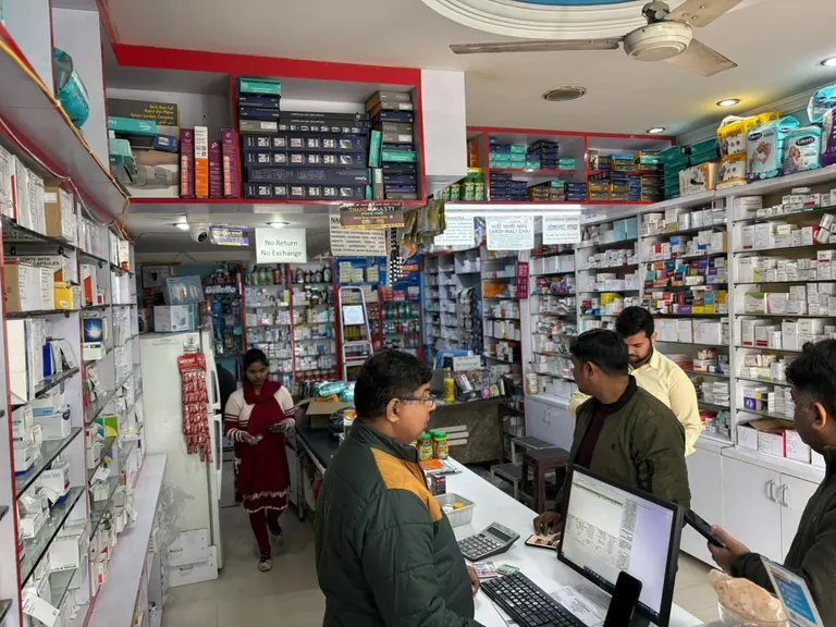 Fully stocked medicine racks — Gautam Chemist, Panchkula